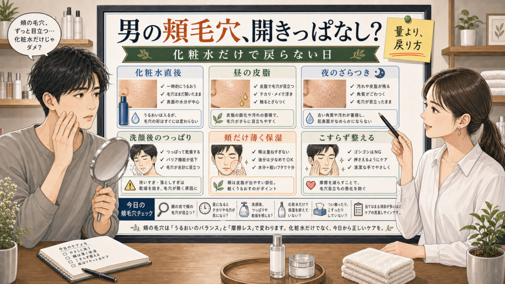 男の頬毛穴が開きっぱなしに見える原因と化粧水だけで戻らない日の見直し方を整理する美容相談風アイキャッチ