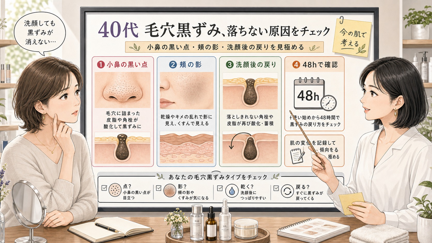 40代の毛穴黒ずみで小鼻の黒い点、頬の影、洗顔後の戻りを整理するアイキャッチ