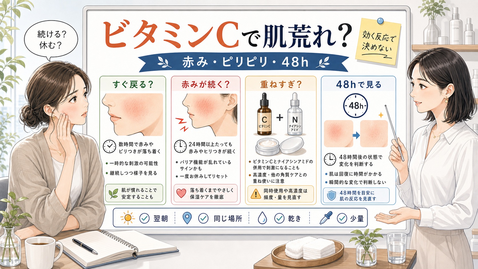 ビタミンCで肌荒れする時の赤み、ピリピリ、重ねすぎ、48時間の戻り方を整理する美容相談ボード