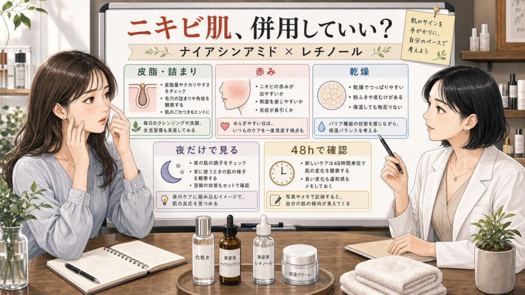 ナイアシンアミドとレチノールはニキビ肌に使える？皮脂・赤み・毛穴詰まりで考えるの判断マップ