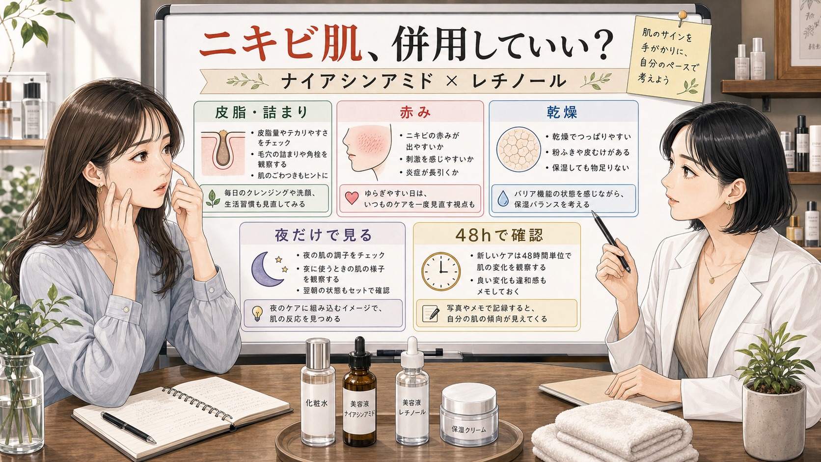 ナイアシンアミドとレチノールはニキビ肌に使える？皮脂・赤み・毛穴詰まりで考えるの判断マップ