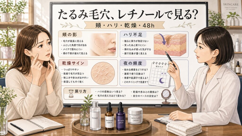 たるみ毛穴改善にレチノールは使える？頬の影・ハリ不足・乾燥で見るの判断マップ
