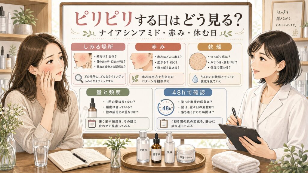 ナイアシンアミドでピリピリする日は？レチノール併用前に見る赤みと乾燥の判断マップ