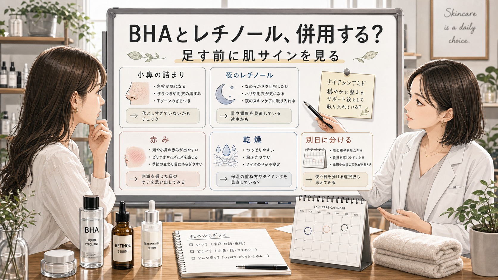 BHAとレチノールは併用できる？ナイアシンアミドも使う日の分け方の判断マップ