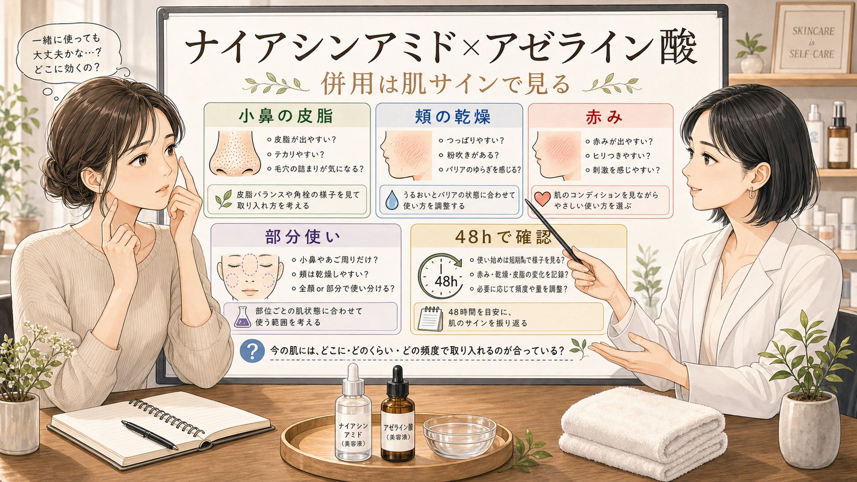 ナイアシンアミドとアゼライン酸は併用できる？毛穴・皮脂で分ける使い方の判断マップ
