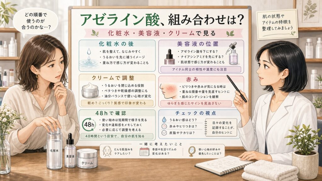 アゼライン酸の組み合わせは？ナイアシンアミド・化粧水・クリームの順番で見るの判断マップ