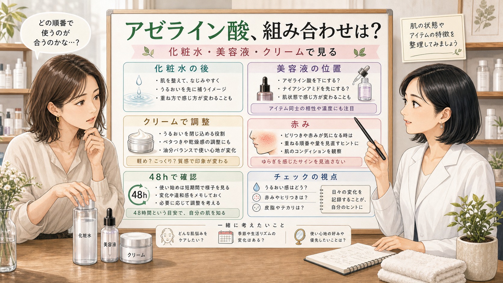 アゼライン酸の組み合わせは？ナイアシンアミド・化粧水・クリームの順番で見るの判断マップ