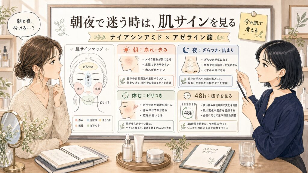 ナイアシンアミドとアゼライン酸は朝夜で分けるべき？使うタイミングと頻度の考え方 の解説アイキャッチ