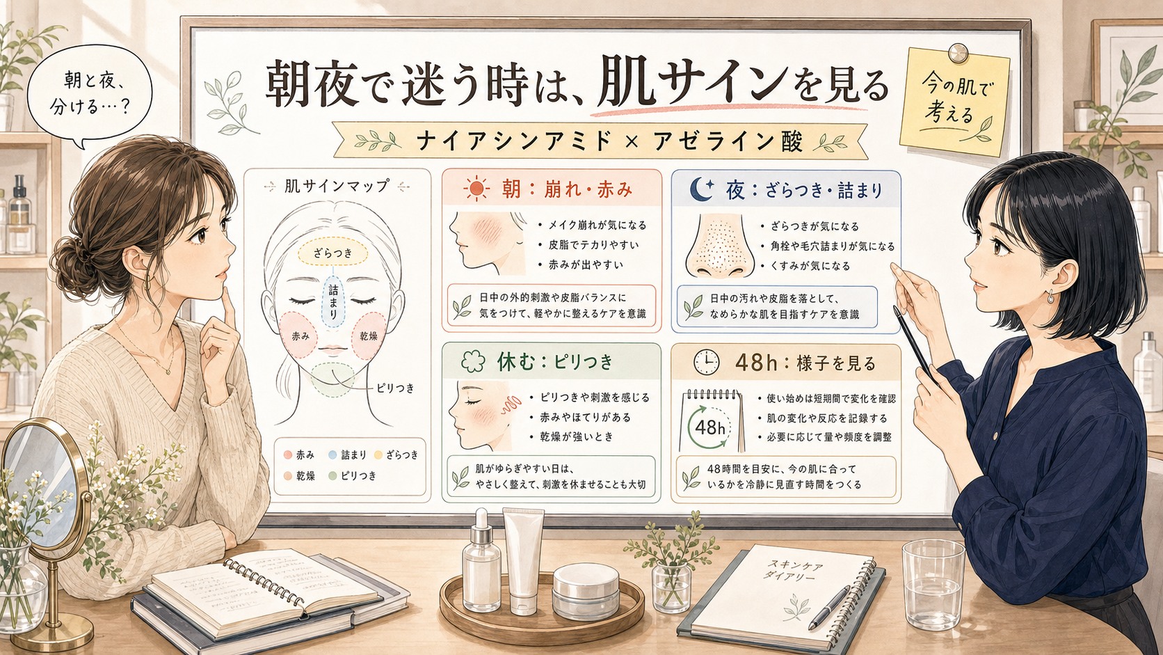 ナイアシンアミドとアゼライン酸は朝夜で分けるべき？使うタイミングと頻度の考え方 の解説アイキャッチ