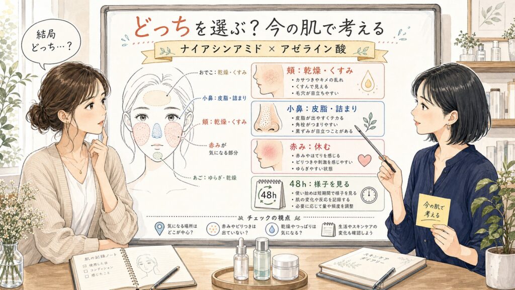 ナイアシンアミドとアゼライン酸はどっちがいい？毛穴・ニキビ・くすみ悩み別に比較 の解説アイキャッチ