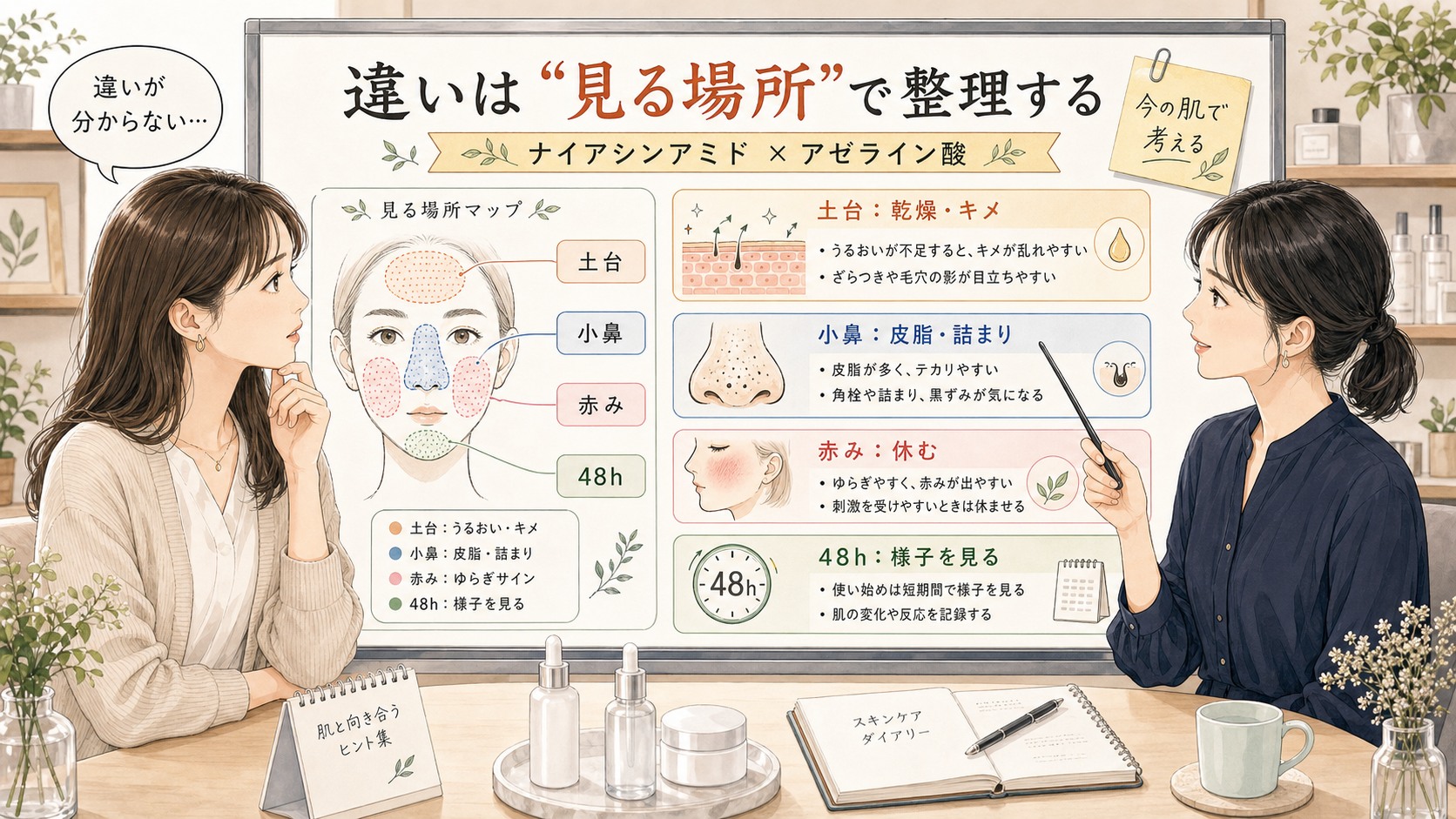 ナイアシンアミドとアゼライン酸の違い｜働き・刺激・向いている肌を整理 の解説アイキャッチ
