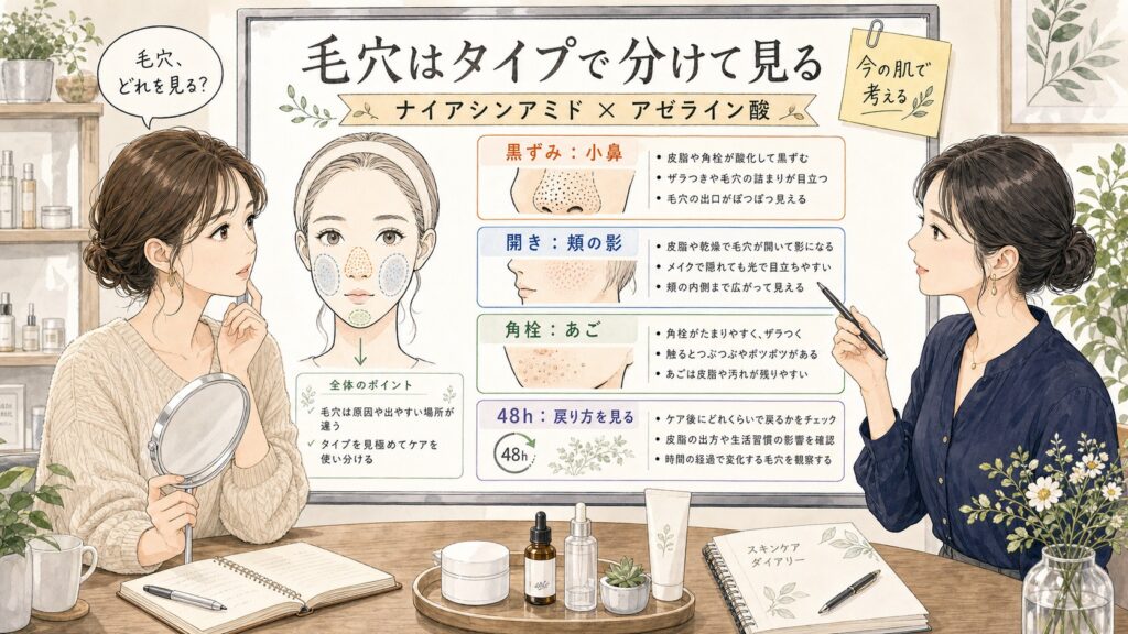ナイアシンアミドとアゼライン酸は毛穴悩みに向いている？黒ずみ・開き・角栓で整理 の解説アイキャッチ
