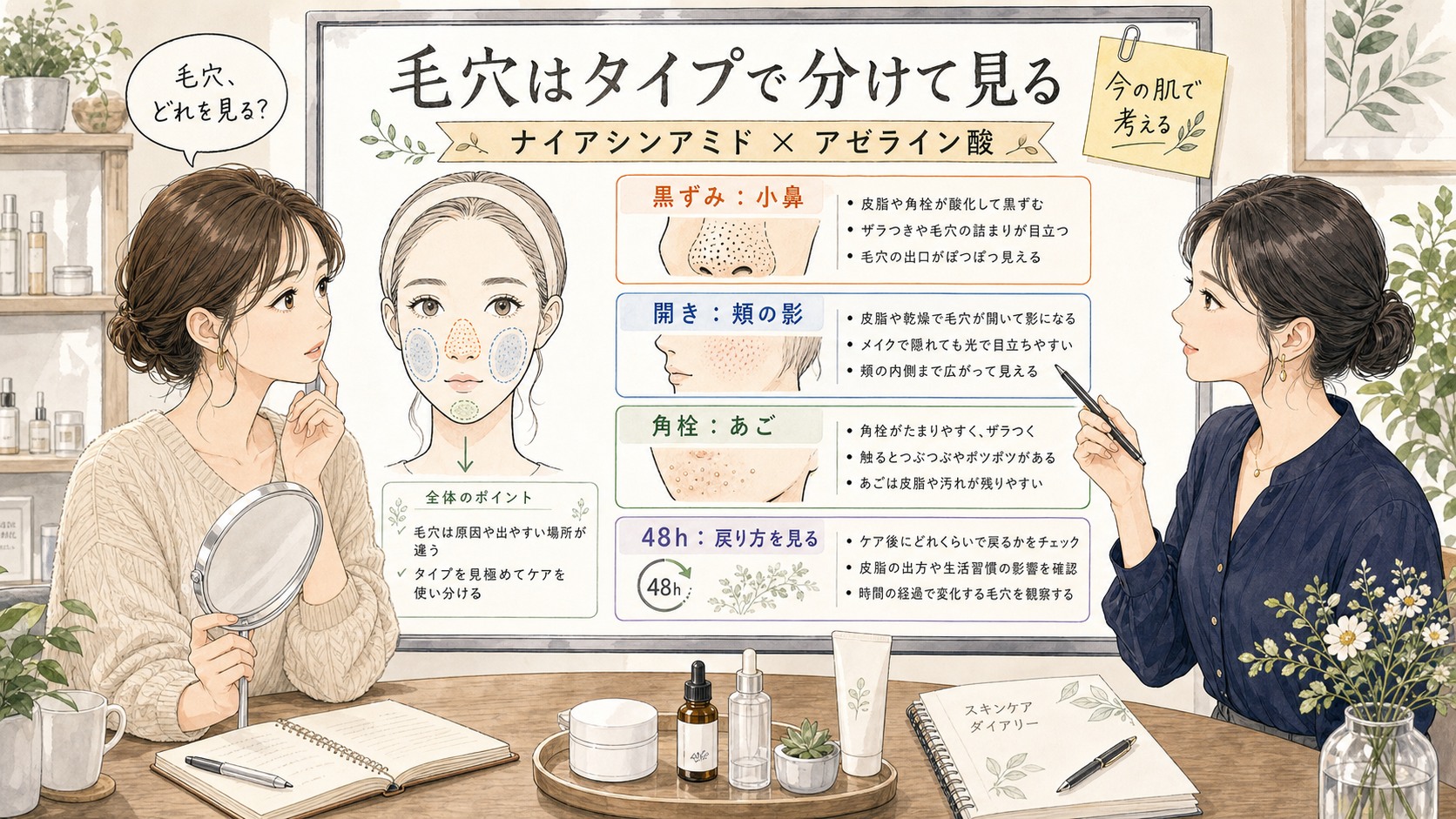 ナイアシンアミドとアゼライン酸は毛穴悩みに向いている?黒ずみ・開き・角栓で整理 の解説アイキャッチ