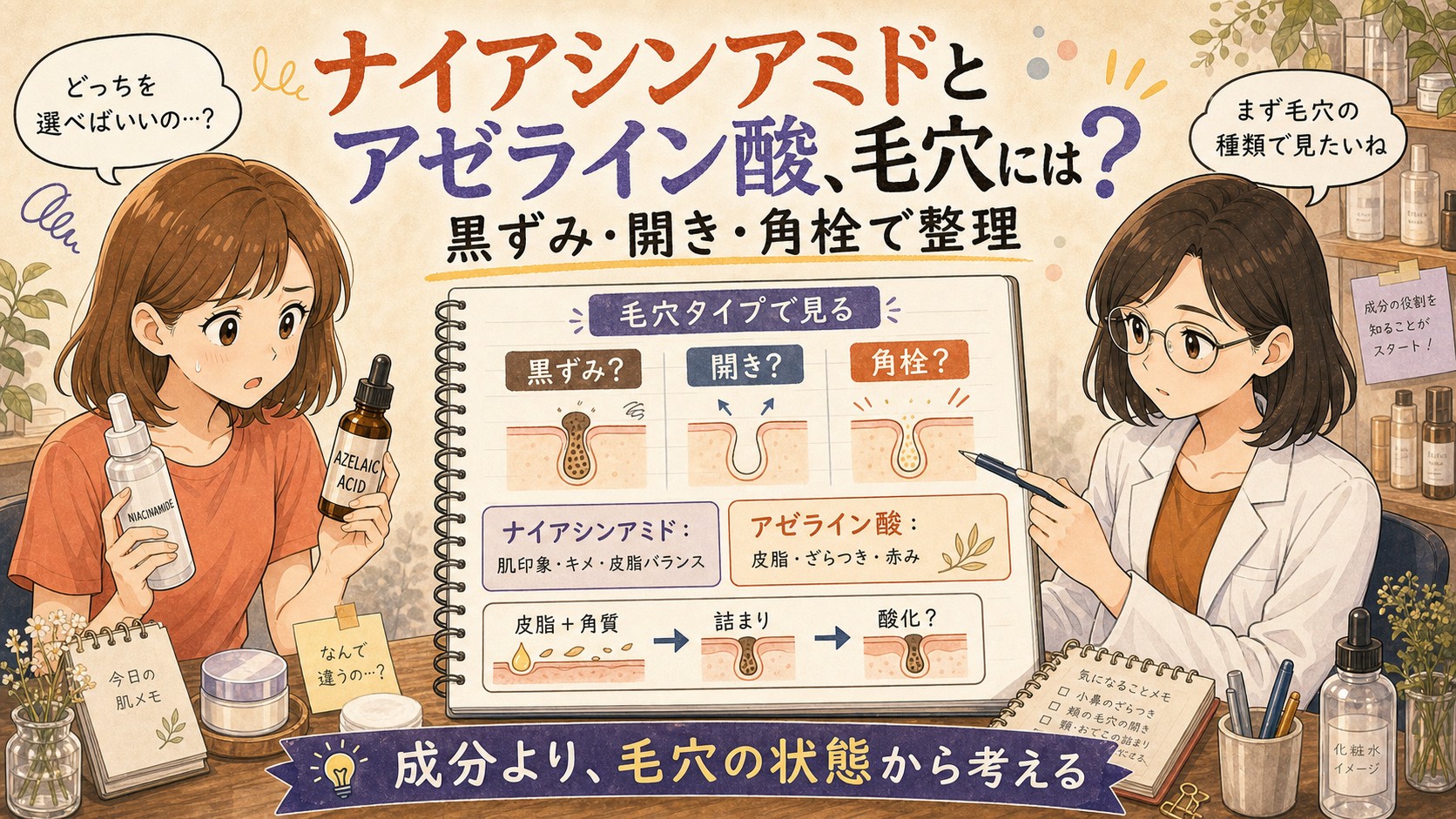 ナイアシンアミドとアゼライン酸を毛穴タイプ別に整理するアイキャッチ