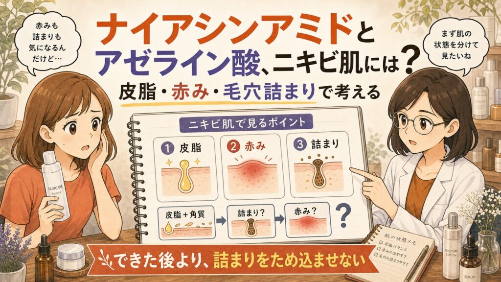 ナイアシンアミドとアゼライン酸をニキビ肌の皮脂・赤み・毛穴詰まりで整理するアイキャッチ