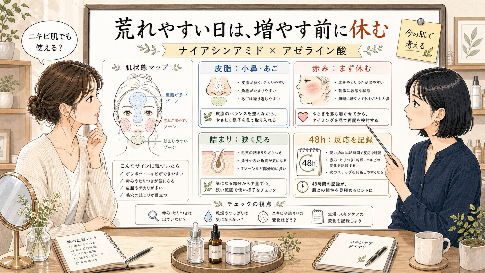 ナイアシンアミドとアゼライン酸はニキビ肌に使える？皮脂・赤み・毛穴詰まりで考える の解説アイキャッチ