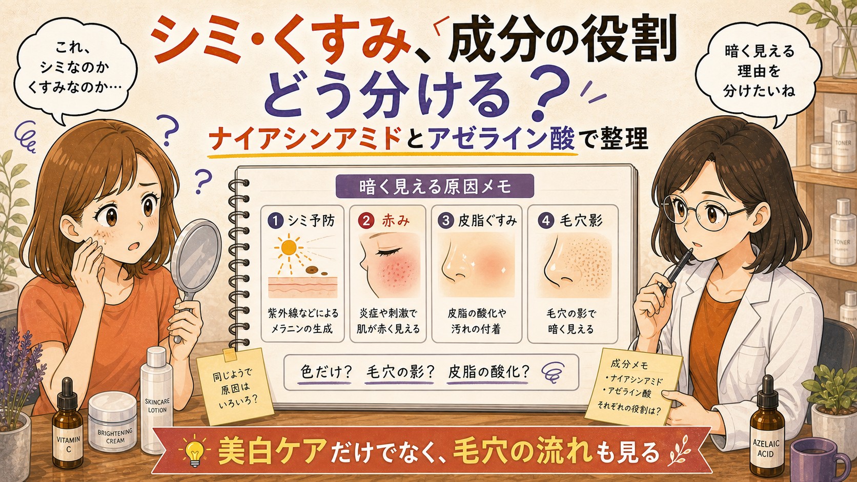 ナイアシンアミドとアゼライン酸をシミ・くすみ・赤み・毛穴影で整理するアイキャッチ