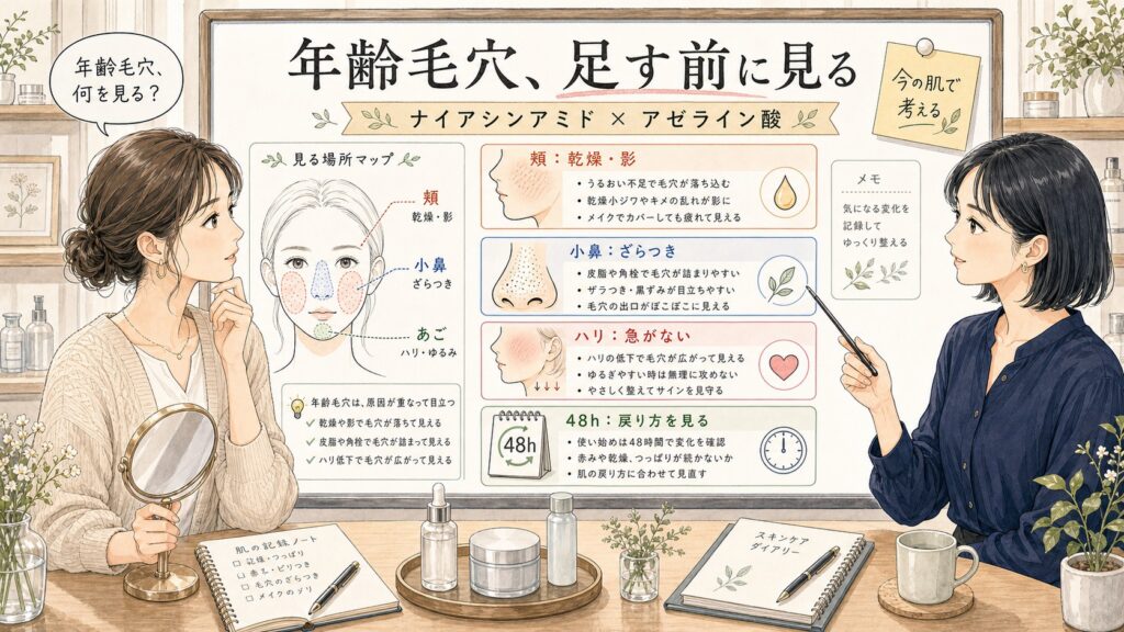 ナイアシンアミドとアゼライン酸はシワ・たるみ毛穴に使える？エイジングケア目線で解説 の解説アイキャッチ