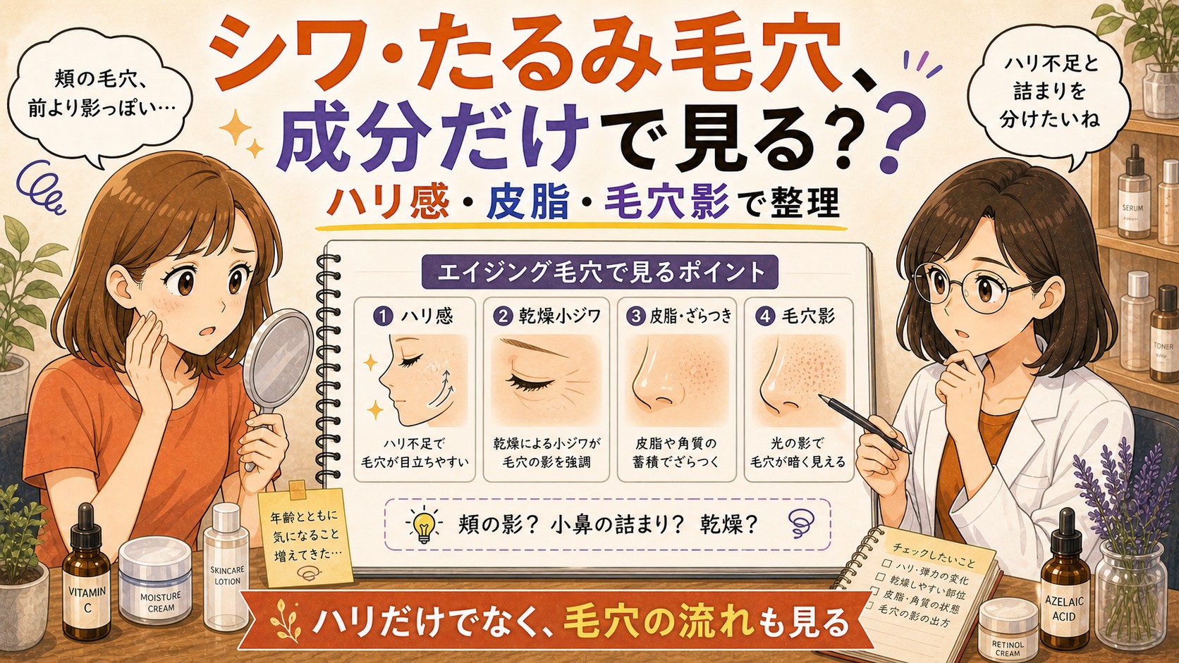 ナイアシンアミドとアゼライン酸をシワ・たるみ毛穴・ハリ感・皮脂で整理するアイキャッチ