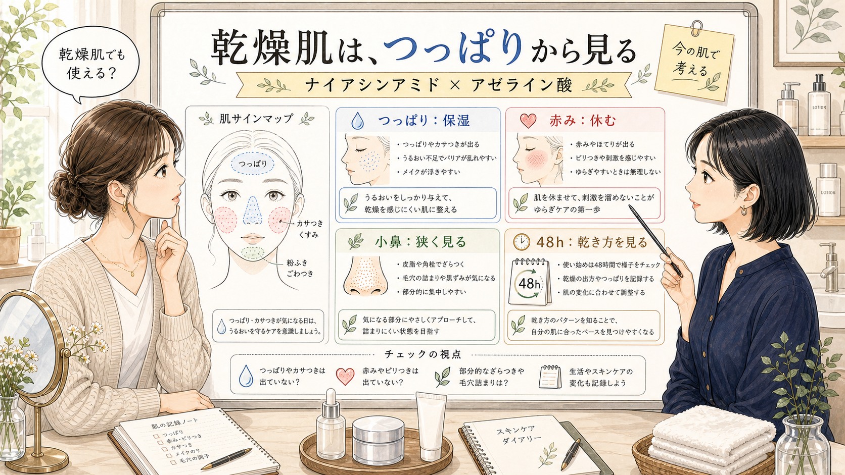 ナイアシンアミドとアゼライン酸は乾燥肌でも使える?バリア機能と保湿設計を整理 の解説アイキャッチ