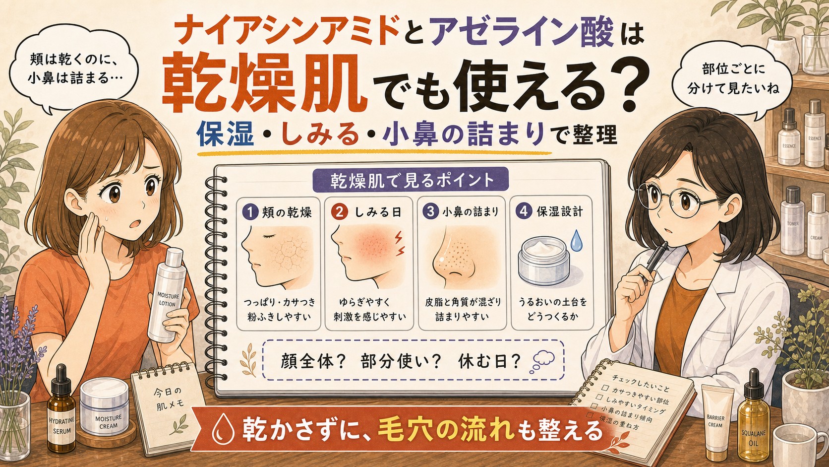 ナイアシンアミドとアゼライン酸を乾燥肌の保湿・しみる・小鼻の詰まりで整理するアイキャッチ