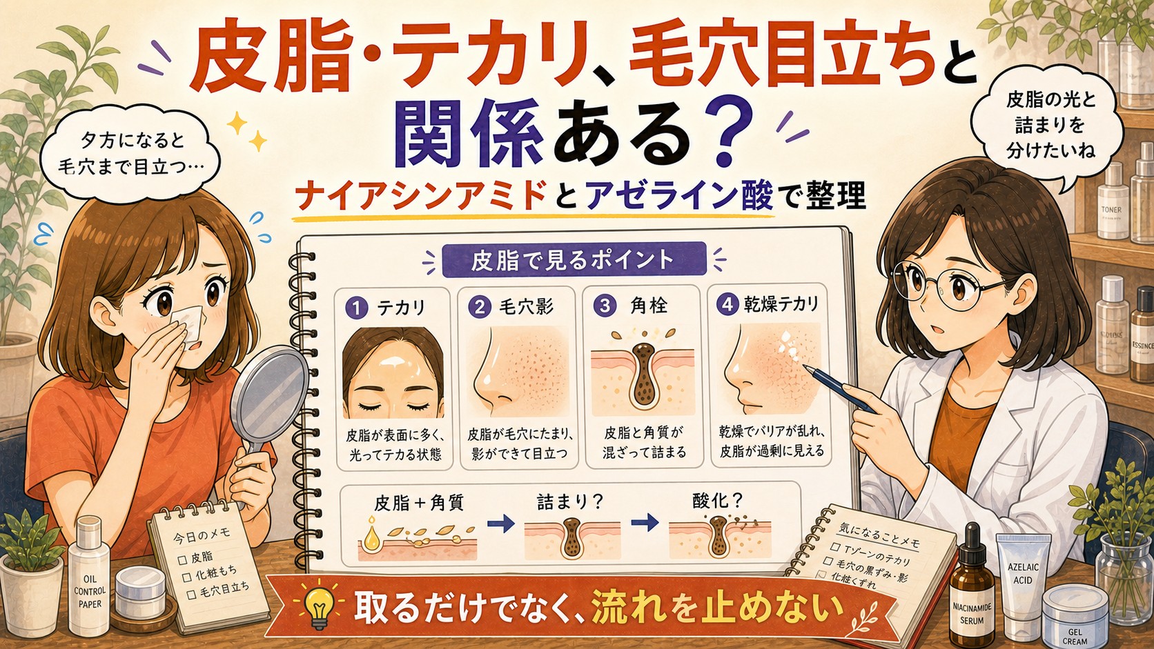 ナイアシンアミドとアゼライン酸を皮脂・テカリ・毛穴目立ちの関係で整理するアイキャッチ