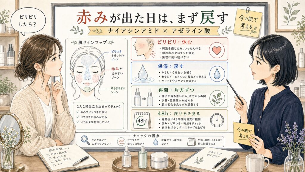 ナイアシンアミドとアゼライン酸で肌荒れする?赤み・ピリピリが出る原因と見直し方 の解説アイキャッチ