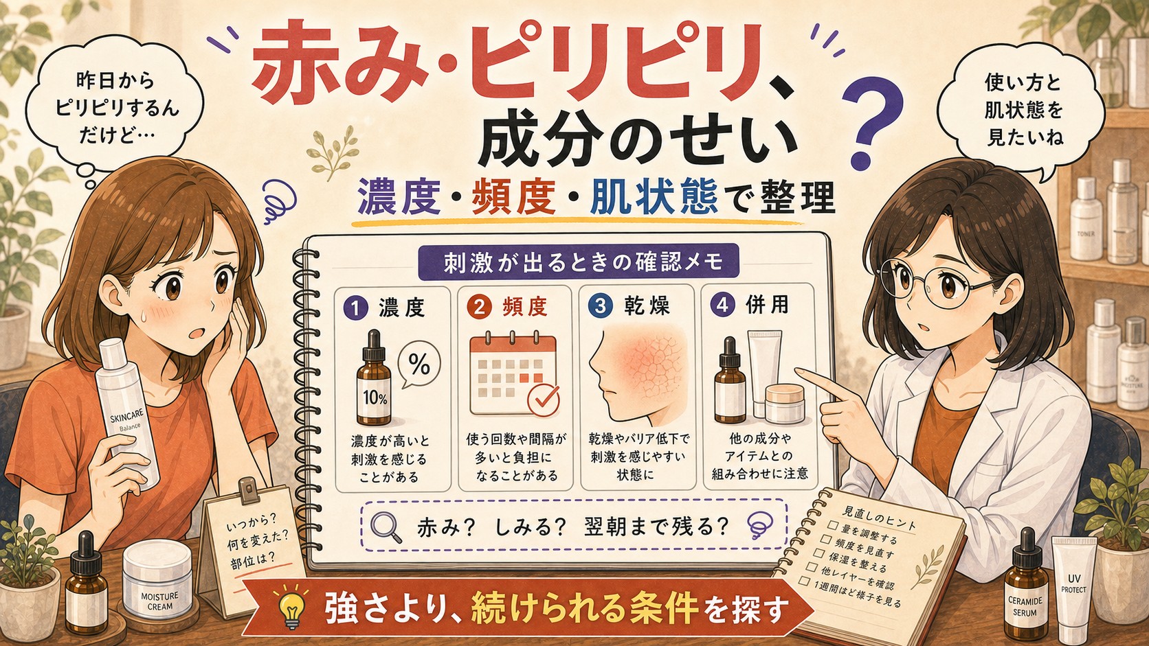 ナイアシンアミドとアゼライン酸の赤み・ピリピリを濃度・頻度・肌状態で整理するアイキャッチ