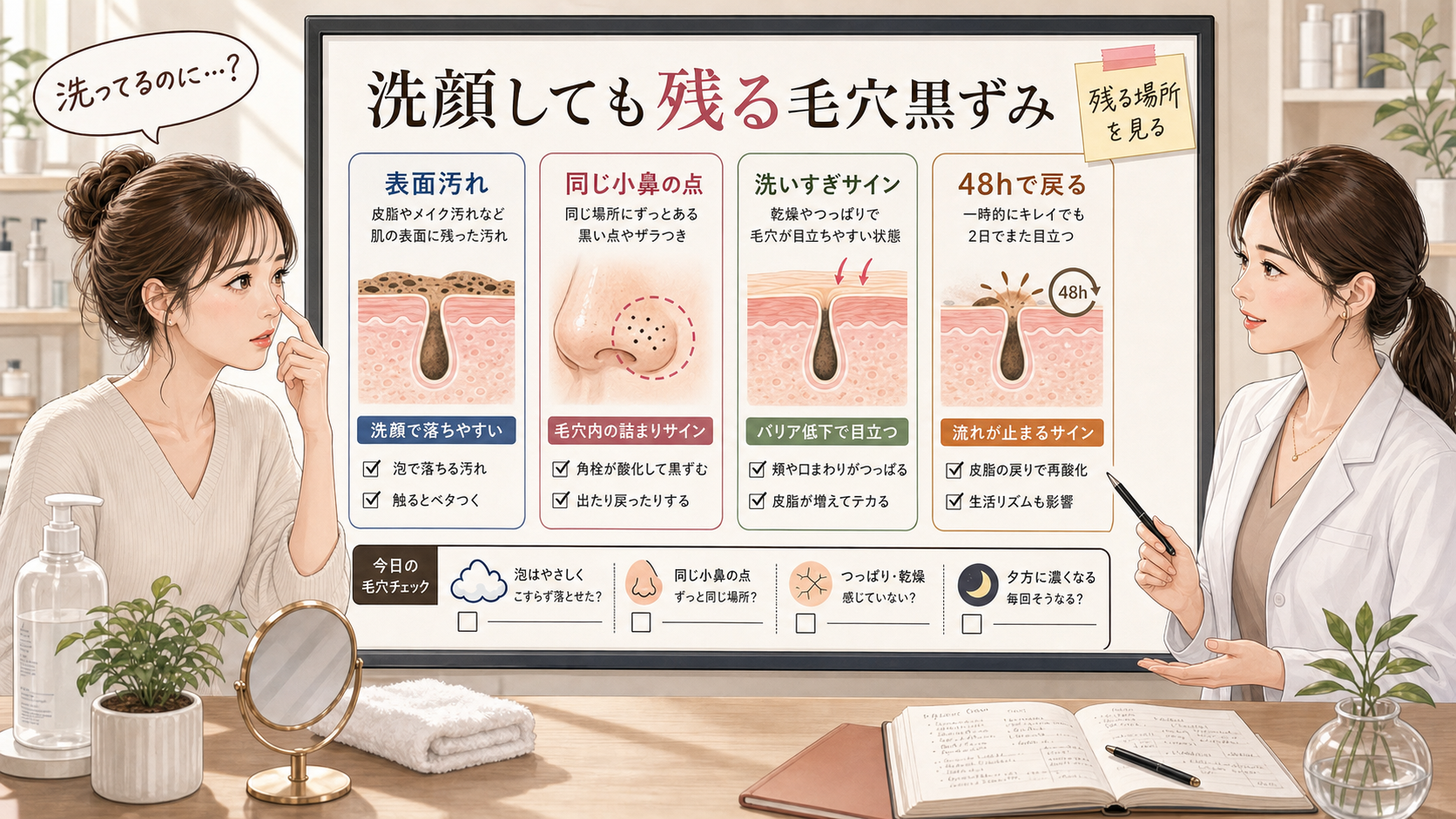 洗顔しても残る毛穴黒ずみの見分け方