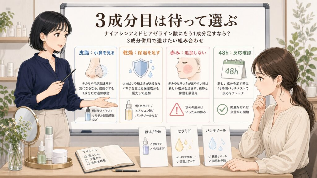 ナイアシンアミドとアゼライン酸にもう1成分足すなら？3成分併用で避けたい組み合わせの図解アイキャッチ