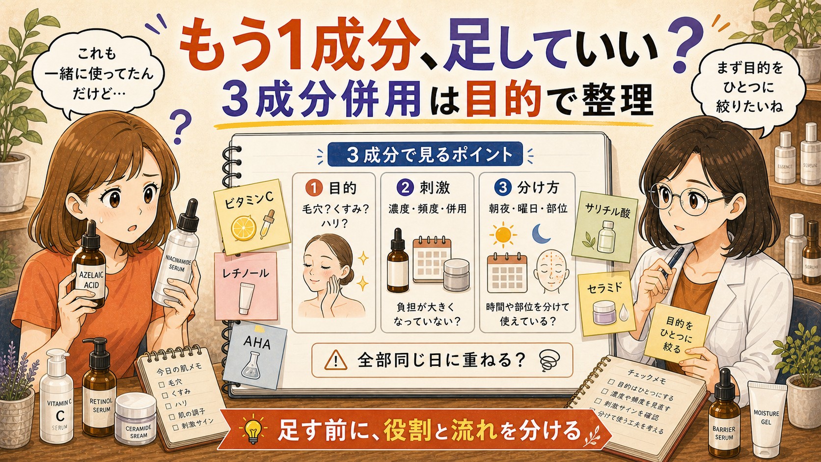 ナイアシンアミドとアゼライン酸にもう1成分足す併用を目的・刺激・分け方で整理するアイキャッチ