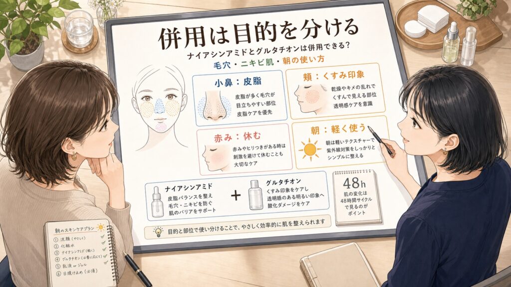 ナイアシンアミドとグルタチオンは併用できる？相性と注意点をわかりやすく解説の図解アイキャッチ