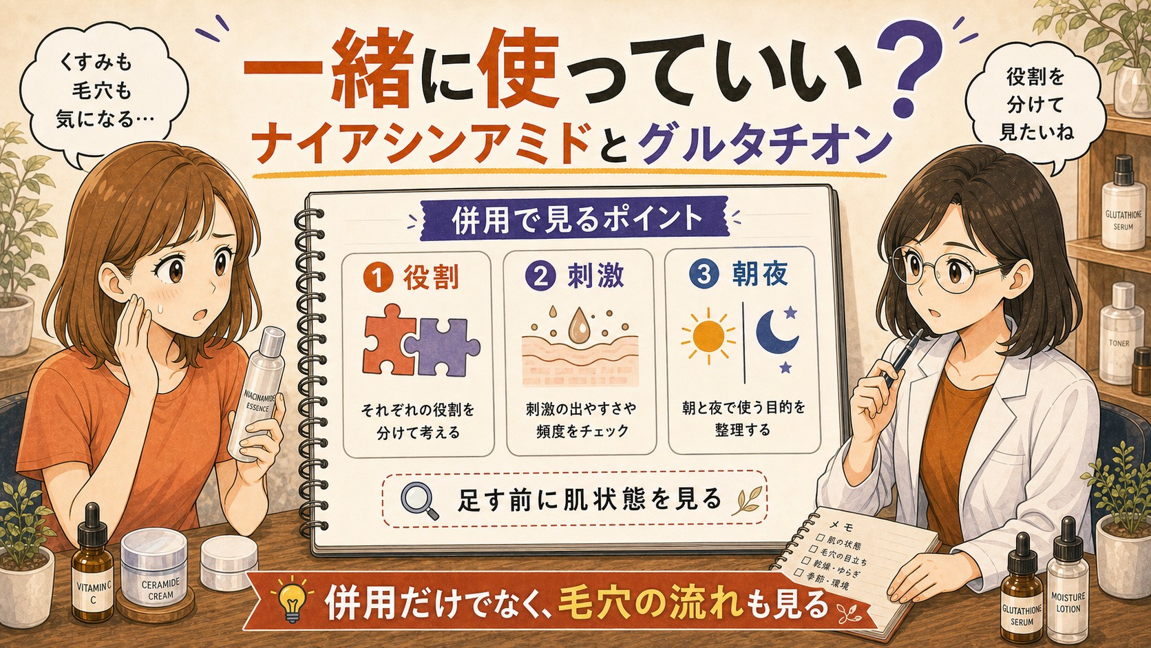 ナイアシンアミドとグルタチオンの併用を役割・刺激・朝夜で整理するアイキャッチ