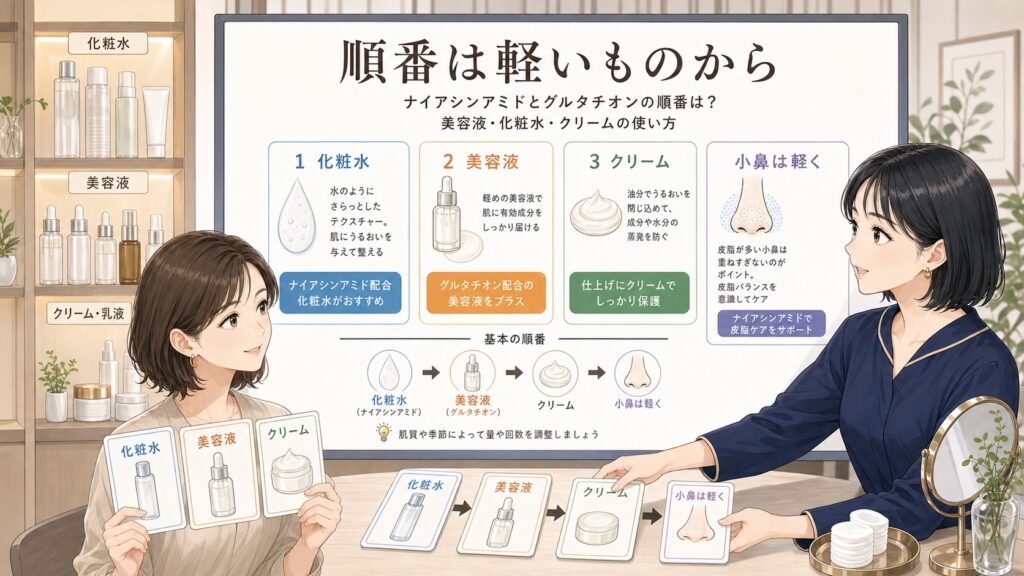 ナイアシンアミドとグルタチオンの順番は？美容液・化粧水・クリームの使い方の図解アイキャッチ
