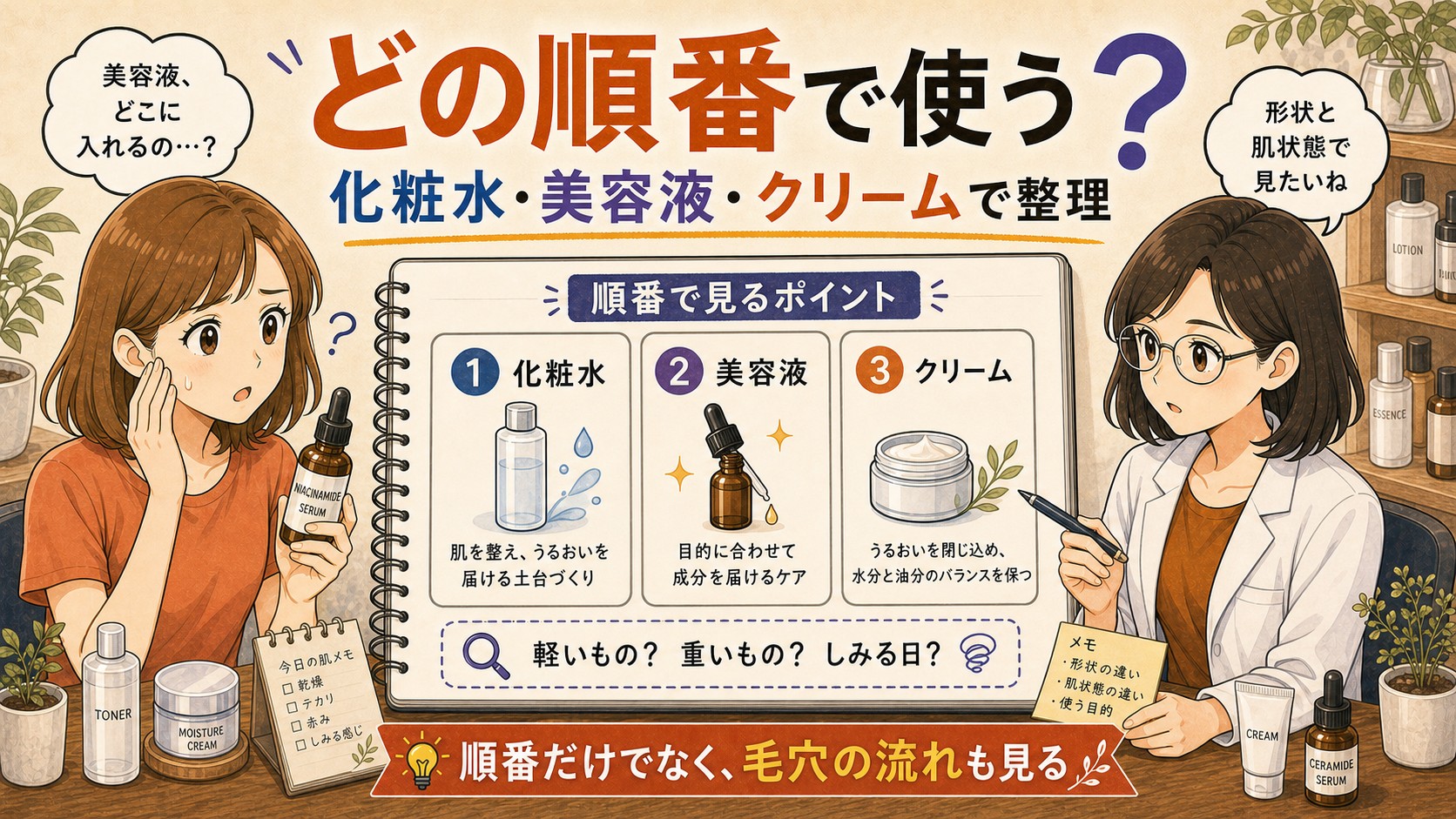 ナイアシンアミドとグルタチオンの順番を化粧水・美容液・クリームで整理するアイキャッチ