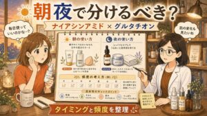ナイアシンアミドとグルタチオンの朝夜の使い方と頻度を整理するアイキャッチ
