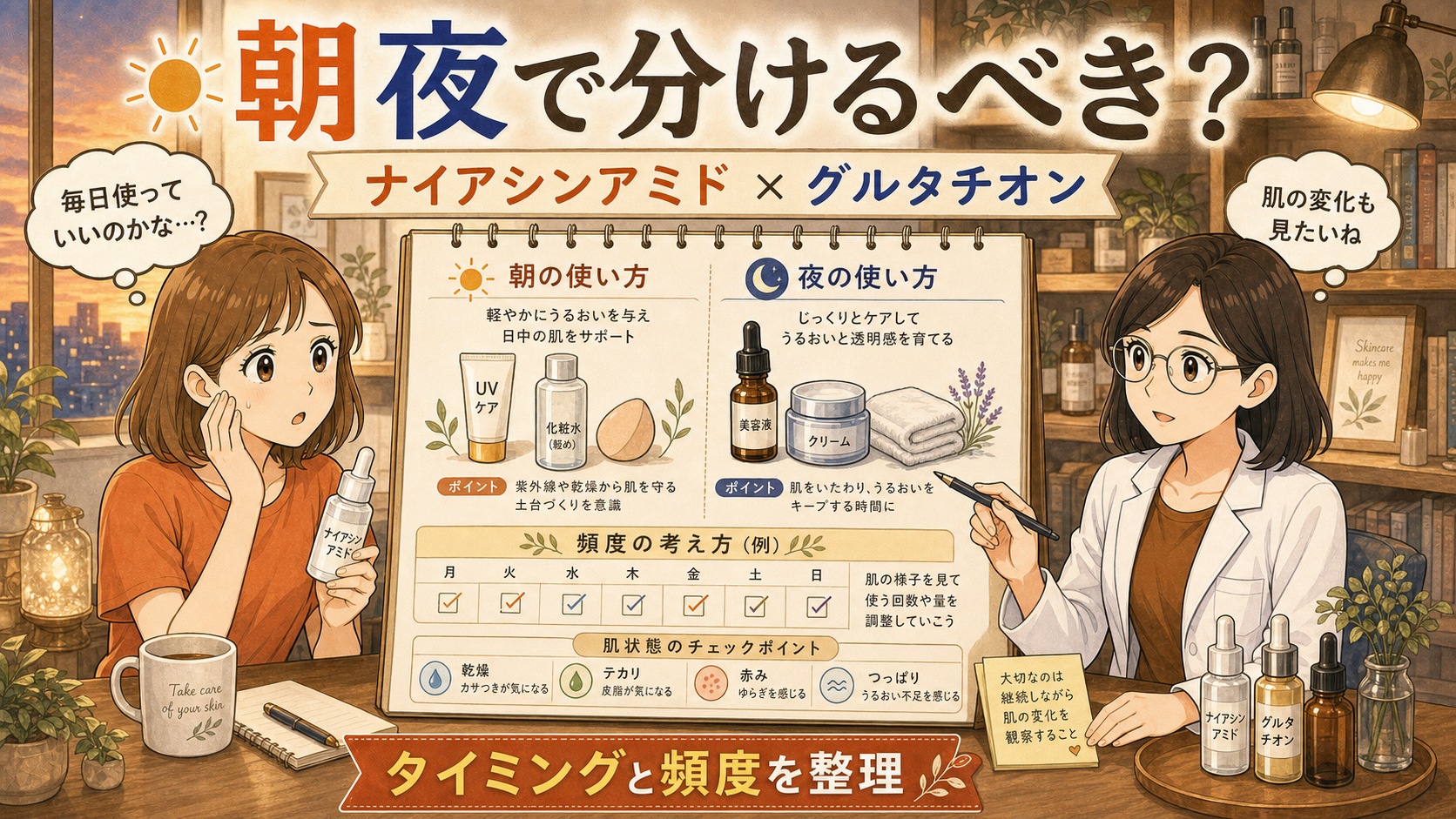 ナイアシンアミドとグルタチオンの朝夜の使い方と頻度を整理するアイキャッチ