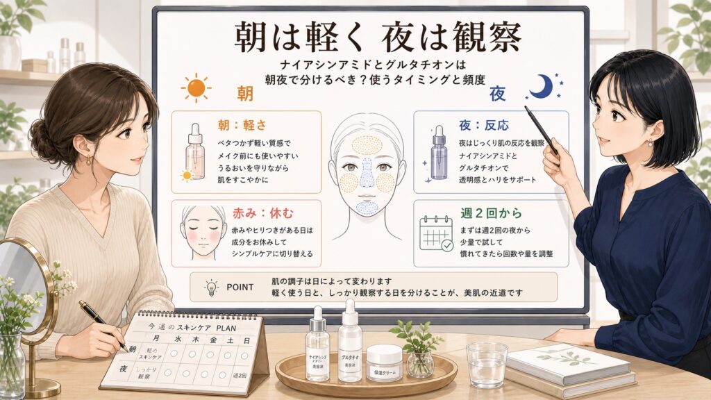 ナイアシンアミドとグルタチオンは朝夜で分けるべき？使うタイミングと頻度の考え方の図解アイキャッチ