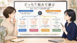 ナイアシンアミドとグルタチオンはどっちがいい？毛穴・ニキビ・くすみ悩み別に比較の図解アイキャッチ