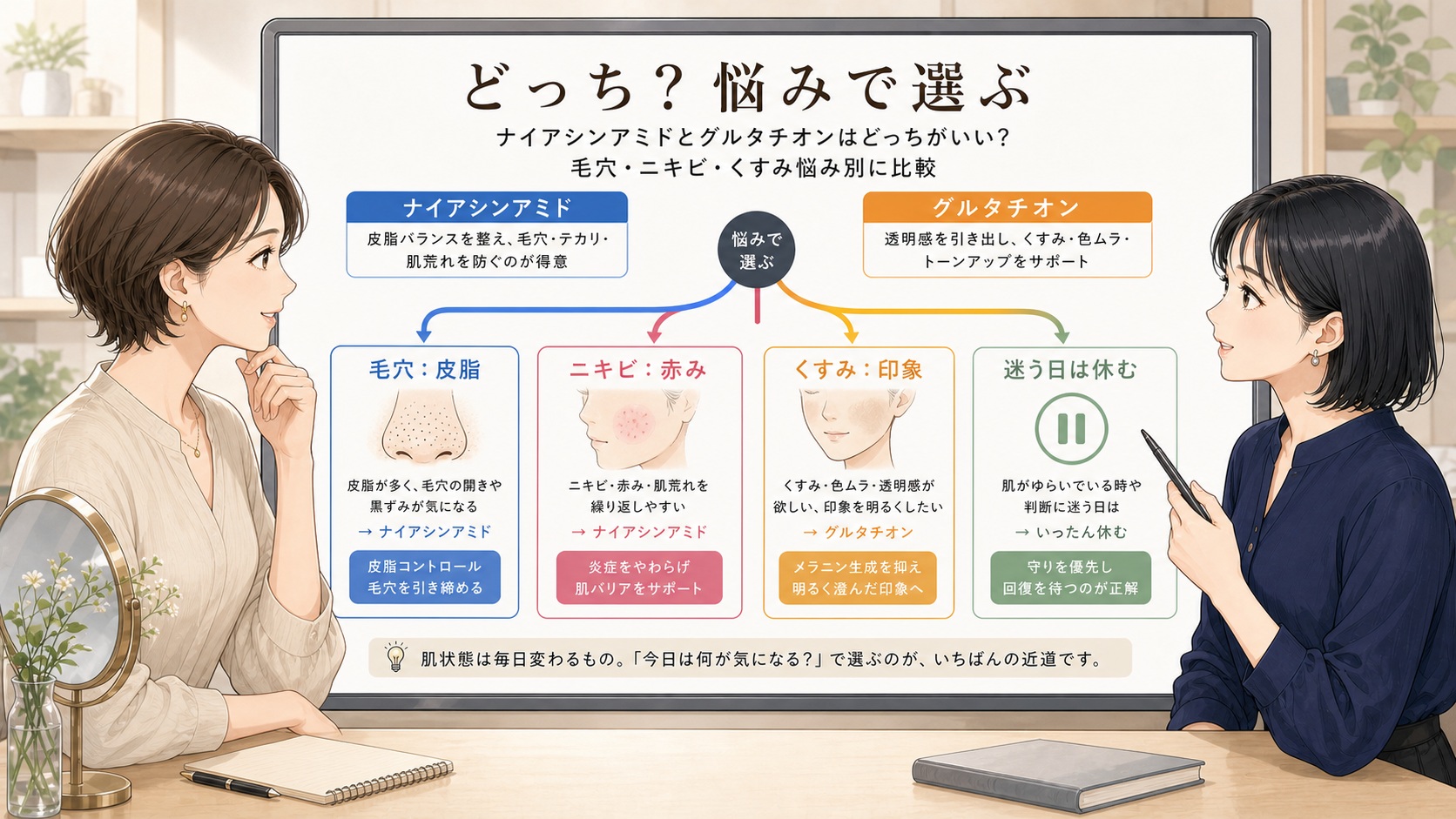 ナイアシンアミドとグルタチオンはどっちがいい？毛穴・ニキビ・くすみ悩み別に比較の図解アイキャッチ
