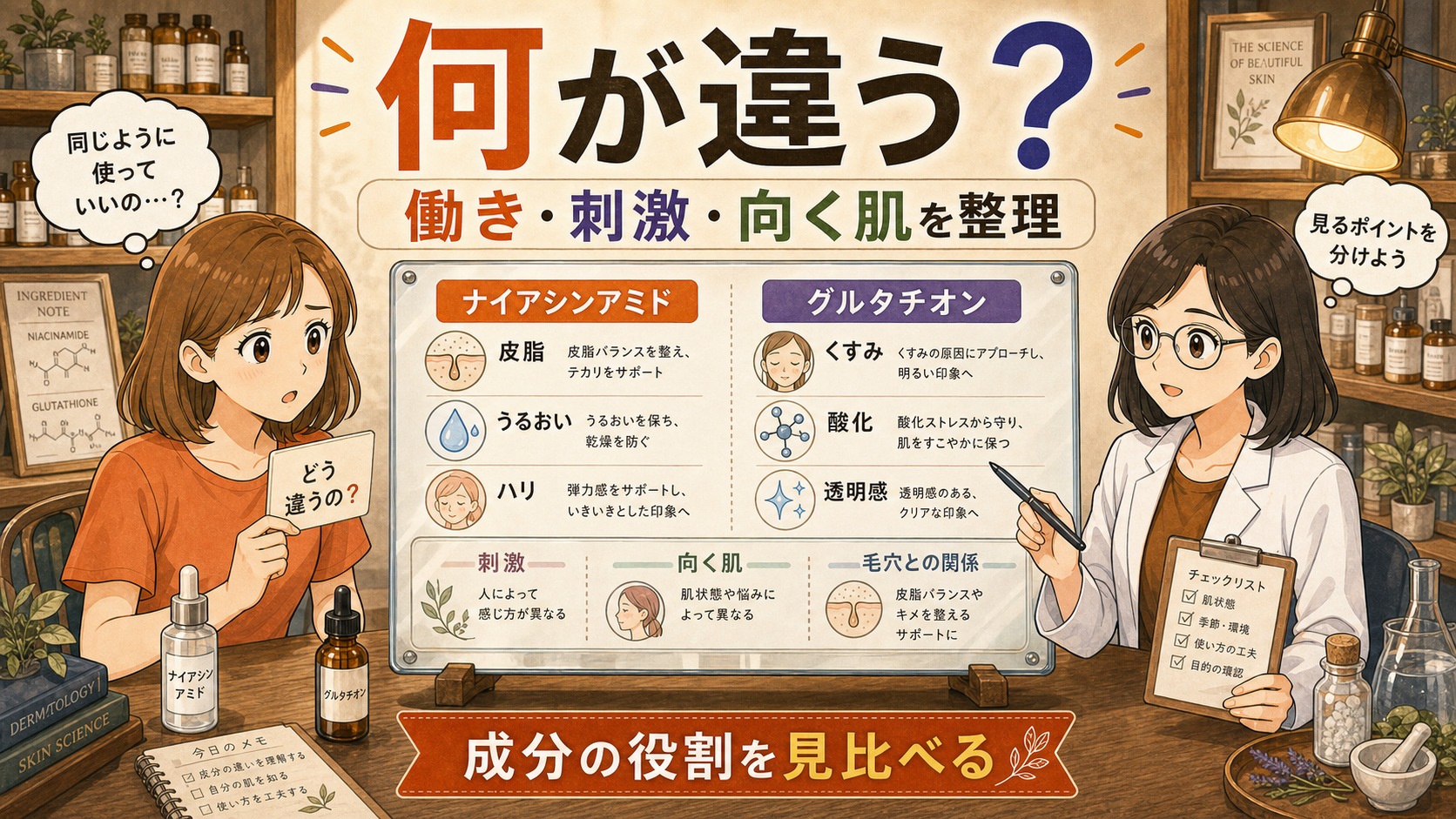ナイアシンアミドとグルタチオンの違いを働き・刺激・向いている肌で整理するアイキャッチ