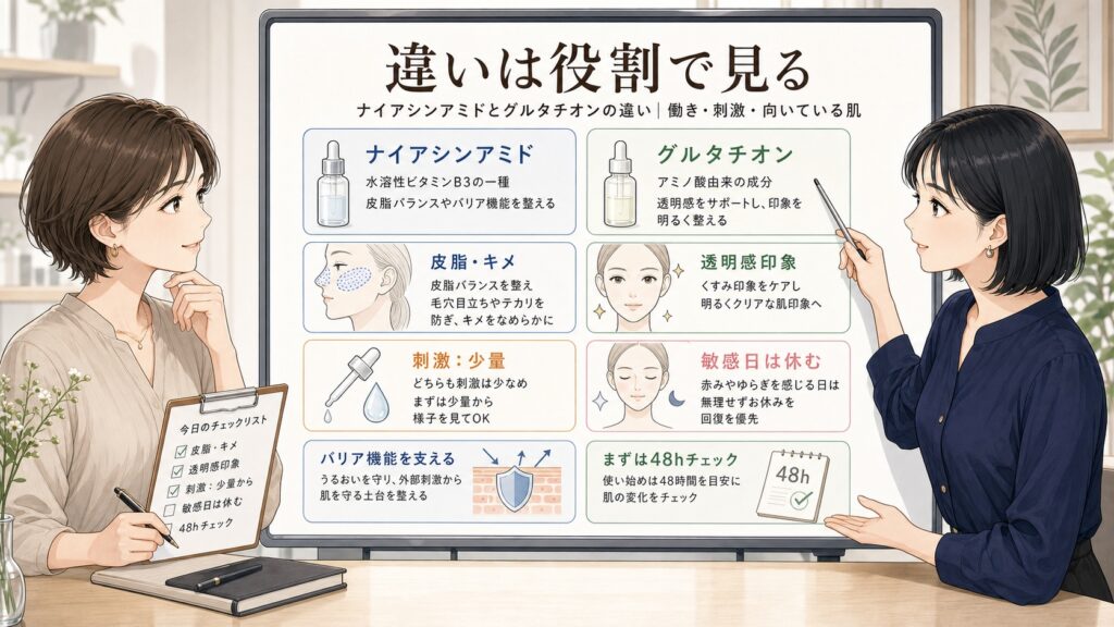 ナイアシンアミドとグルタチオンの違い｜働き・刺激・向いている肌を整理の図解アイキャッチ