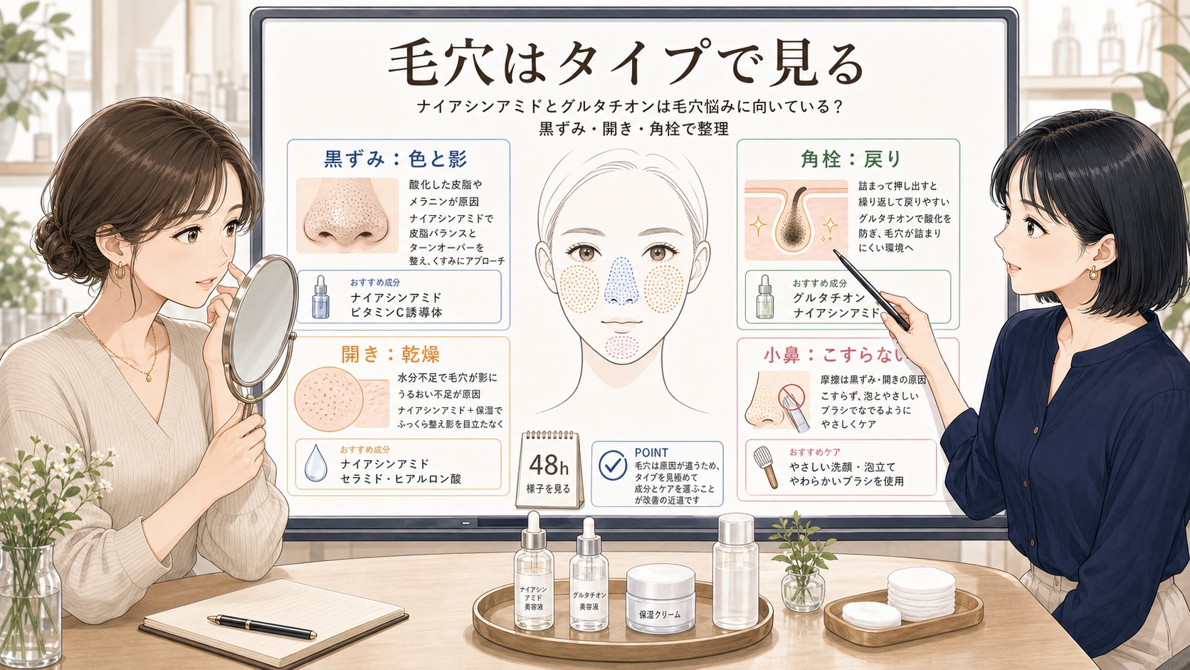 ナイアシンアミドとグルタチオンは毛穴悩みに向いている？黒ずみ・開き・角栓で整理の図解アイキャッチ
