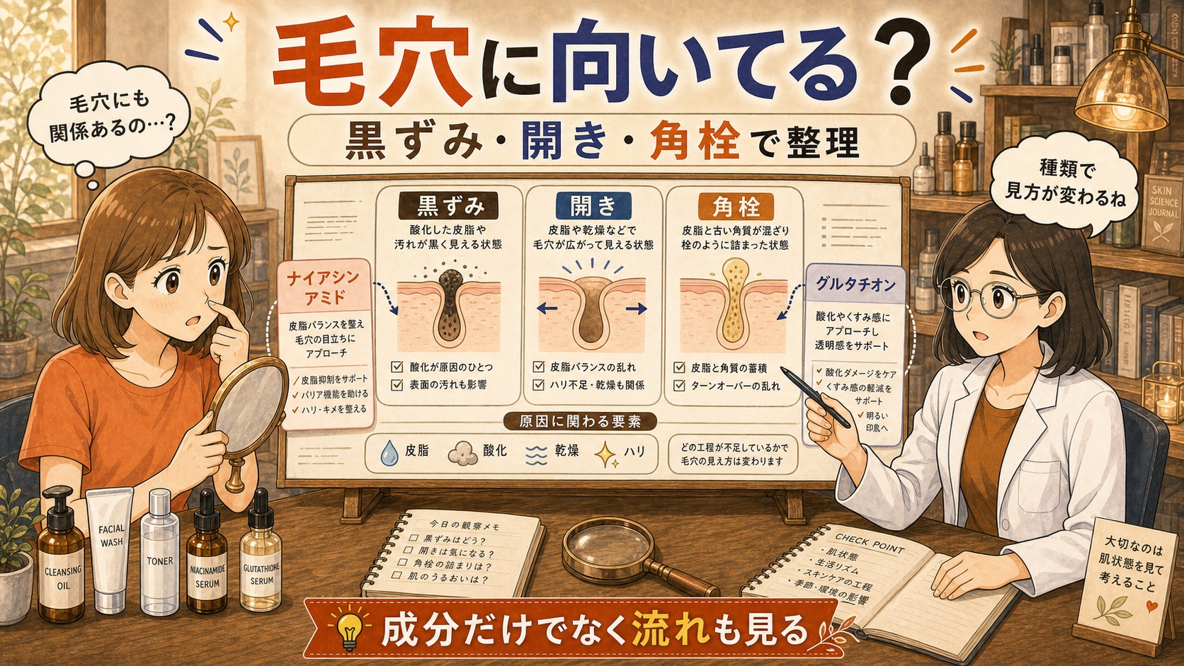 ナイアシンアミドとグルタチオンを黒ずみ・開き・角栓の毛穴悩み別に整理するアイキャッチ