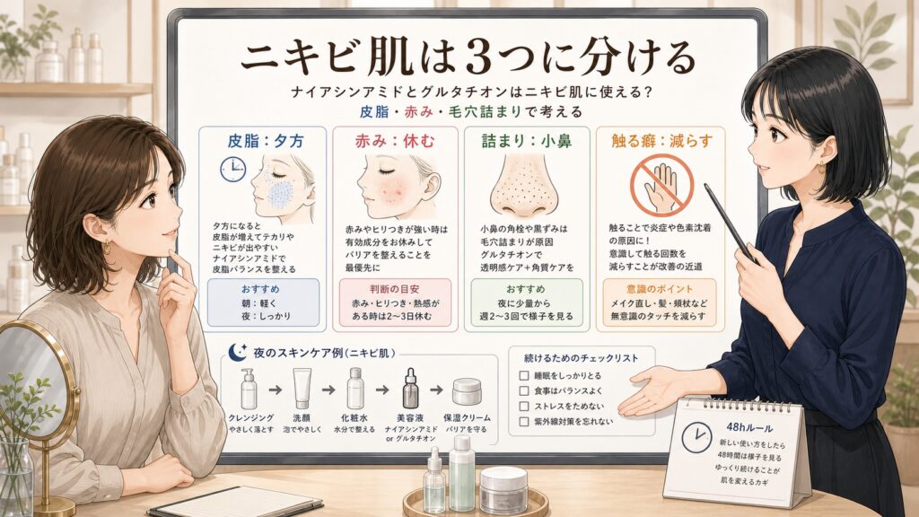ナイアシンアミドとグルタチオンはニキビ肌に使える？皮脂・赤み・毛穴詰まりで考えるの図解アイキャッチ