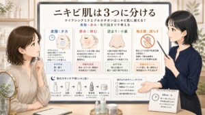 ナイアシンアミドとグルタチオンはニキビ肌に使える？皮脂・赤み・毛穴詰まりで考えるの図解アイキャッチ