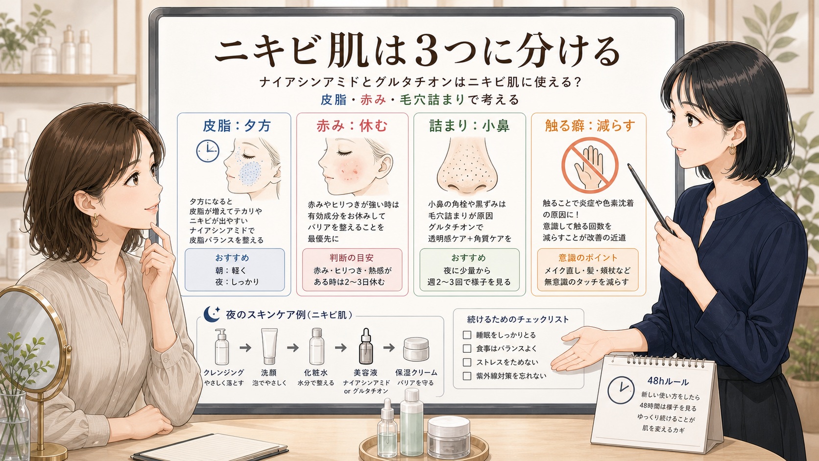 ナイアシンアミドとグルタチオンはニキビ肌に使える？皮脂・赤み・毛穴詰まりで考えるの図解アイキャッチ