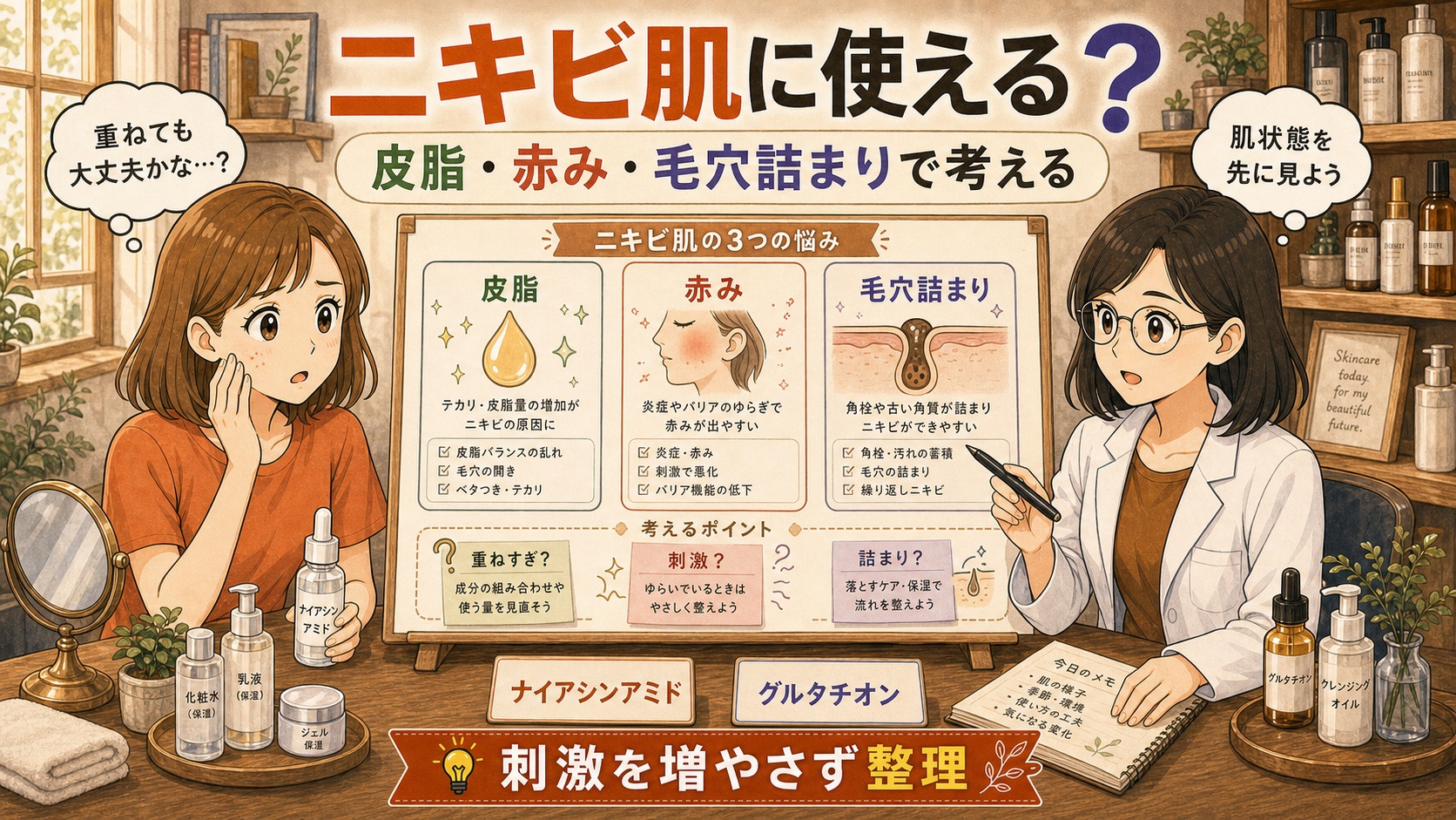 ナイアシンアミドとグルタチオンをニキビ肌の皮脂・赤み・毛穴詰まりで整理するアイキャッチ