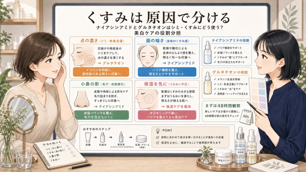 ナイアシンアミドとグルタチオンはシミ・くすみにどう使う？美白ケアの役割分担の図解アイキャッチ