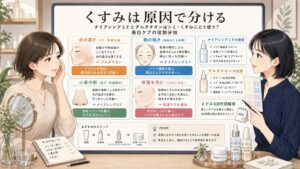 ナイアシンアミドとグルタチオンはシミ・くすみにどう使う？美白ケアの役割分担の図解アイキャッチ